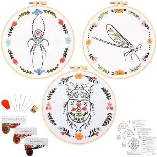 Armindou Hand Embroidery Kits for Beginners Adults, Insect Flowers Embroidery Set Needlepoint Kits, Spider Stamped Cross Stitch Kits for Beginners Adults, 3 Embroidery Hoops (Attached Video Tutorial) by Armindou