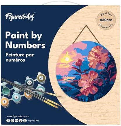 Figured'Art Paint by Numbers Kit for Adults on Wood Slice, 11.8in Diameter - Hibiscus at Sunset - Craft Art Painting DIY Canvas - Image 5
