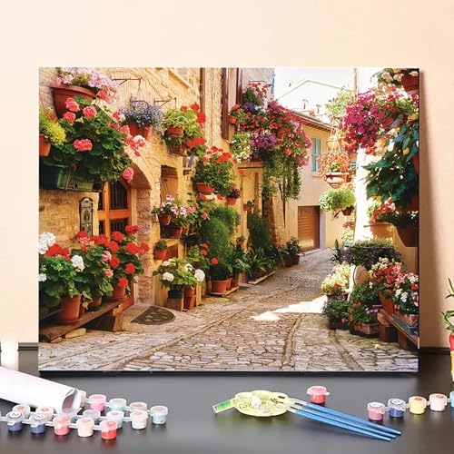 MaiMMaledy Paint by Numbers Kit for Adults Beginners 8Wx12L inch Canvas Pictures with Framed Drawing Painting Works with Wooden Triangle Easel Acrylic Pigment Street Alleys - Image 3