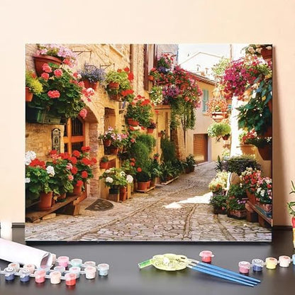 MaiMMaledy Paint by Numbers Kit for Adults Beginners 8Wx12L inch Canvas Pictures with Framed Drawing Painting Works with Wooden Triangle Easel Acrylic Pigment Street Alleys - Image 3