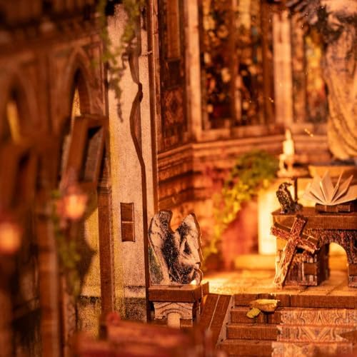 fifijoy Book Nook Kit for Adults - DIY Miniature Dollhouse kit with LED Light，3D Wooden Puzzle Mystical Booknook Tiny House Bookshelf Insert Decor, Gifts for Family, Friends (Abandoned Gothic Church) - Image 5