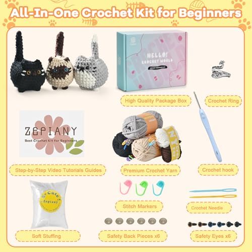 Zepiany Crochet Kit for Beginners Crochet Cat Beginner Crochet Kit for Adults Amigurumi Crochet Animals Cat Crafts Hobby Crochet Kits Easy Knitting Kit - Image 2