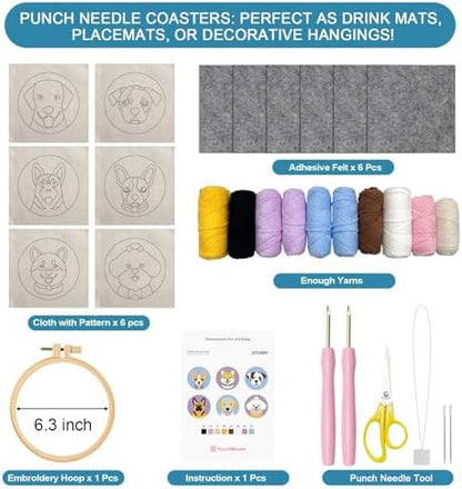 Punch Needle Coaster Kit for Adults Beginners, Easy Punch Embroidery Starter Set with Instructions – Fun Mug Rug Making Kit for Table Decor & Festival DIY Gifts (6pcs Cute Dogs) - Image 3