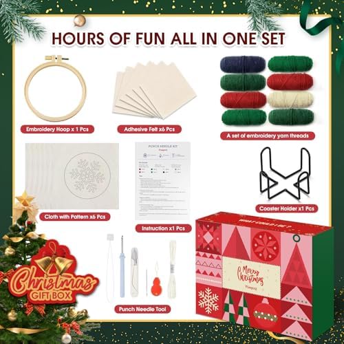 yuegool 6PCS Christmas Punch Needle Coasters Kit,Easy DIY Punch Needle Embroidery Kit for Beginners Adults Kids Including Patterns, Tools, Yarns, Hoop, Instruction, Coaster Holder Art Craft Supplies - Image 2