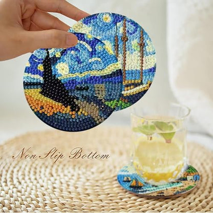 8 PCS Starry Sky Diamond Art Coasters Kit for Adults, DIY 5D Diamond Painting Coasters with Holder, Drink Gem Art Dots Painting Coaster with Cork Pads - Crafts Supplies for Home Decor - Image 2