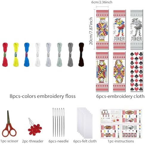 FREEBLOSS 6 Set Cross Stitch Bookmarks Kit Poker Stamped Cross Stitch Kit DIY Embroidery Bookmark Set with Instruction for Adults Beginners Gift for Reading Enthusiasts 8 * 2.4inch 11CT - Image 2