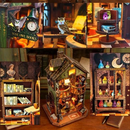 Book Nook DIY Miniature House Kit, 3D Wooden Puzzle Coffee House Dollhouse with Light & Tools, Creative Bookshelf Insert Craft Gifts for Adults Teens (Owl Library) - Image 4
