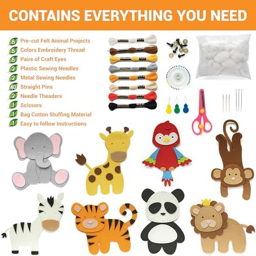 Craftorama Sewing Kit for Kids, Fun and Educational Wild Animal Craft Set for Boys and Girls Age 7-12, Sew Your Own Felt Animals Craft Kit for Beginners, 165 Piece Set - Image 2