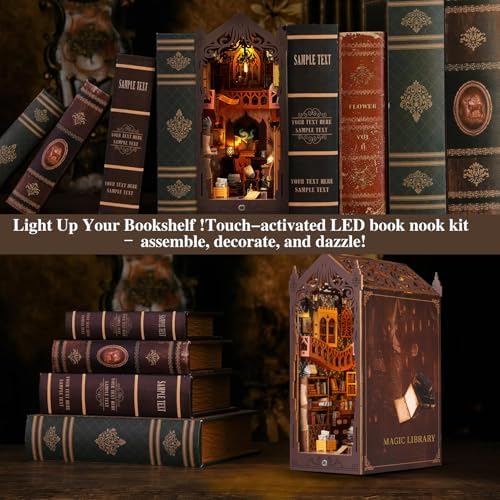 Book Nook Kit,DIY Miniature House Kit,Dollhouse Booknook with Dust Cover & LED Light,3D Wooden Bookends Puzzle,Bookshelf Decorfor for Adults, Teens, Beginners,Gifts for Family, Friends - Image 6