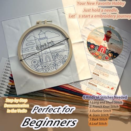 FONNUY Embroidery Kit for Beginners, Lighthouse Landscape Flowers Pre-Stamped Pattern Kits for Adults with Hoop, Easy to Follow Color Thread Needlework, 8'' Hoop (Blue and Orange) - Image 5