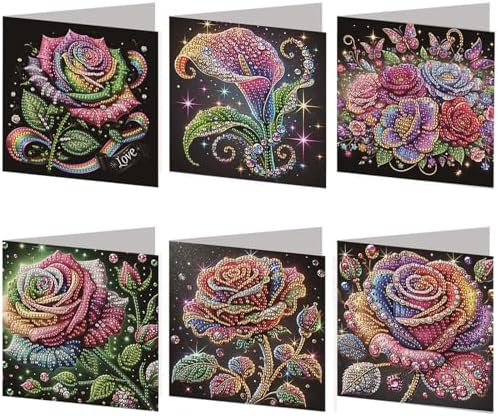 6Pcs Diamond Art Painting Cards Kit Rose Flower Greeting Cards by C%27eitura