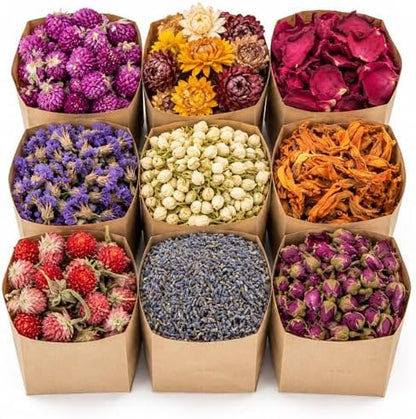 Sukh Dried Herbs Kit - Dried Botanicals Bulk,9 Bags Natural Dry Flowers and Herbs for Soap,Candle,Perfume,Bath Bombs,Resin Jewelry Making Supplies,Fragrance Sachet DIY and Witchcraft by Sukh