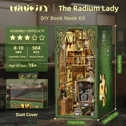 MiniCity Book Nook Kitwith Dust Cover and LED Light, 3D Wooden Puzzle Bookend Bookshelf Insert Decor for Teens and Adults-The Radium Lady | 7.1 x 4.3 x 9.1 in; 504-piece DIY kit with LED and dust cover; glue/tools included; 6-8 hr build for shelf displ... - Image 3
