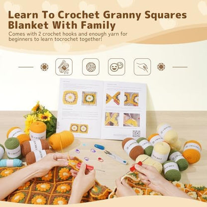 WILSHIN Granny Squares Blanket Crochet Kit for Beginners – Soft Yarns, Detailed Instructions & Step-by-Step Tutorials, Easy Crochet Starter Kit, Craft Gift for Adults (Brown Sunflower) - Image 2