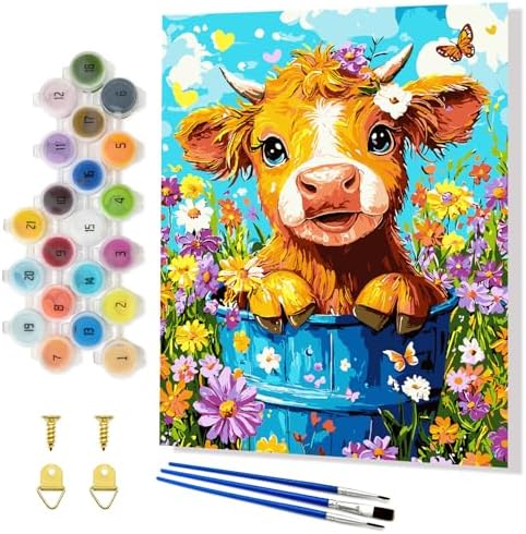 Yunnuo Cow Paint by Numbers Kit for Adults,Highland Cow Flowers Paint by Number Canvas,Acrylic Simple Painting by Numbers for Adults Beginners,Perfect for Home Wall Decor and Gifts(19.7x15.7 inches) by Yunnuo-premiumdiyartpaintingkits