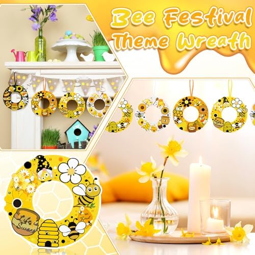 32 Sets Bee Wreath Crafts Kits DIY Summer Felt Bee Wreath Hanging Ornaments with Sunflower Honey Flower Gnome Hive Stickers Crafts Make Your Own for Home Summer Party Decor - Image 4