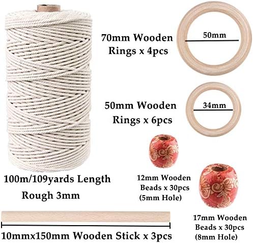120pcs Macrame Kits for Beginners 3mm x 109yards Natural Cotton Macrame Cord with Wooden Beads & Rings,Wooden Sticks,Metal Rings Macrame Supplies Best for Macrame Plant Hanger - Image 2