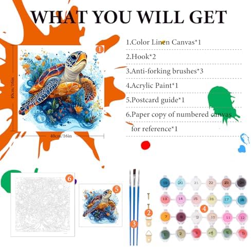 Fountor Sea Turtle Paint by Numbers Kit for Adults Beginner, Sea Turtle Adult Paint by Number Kits on Canvas Without Frame, Oil Painting by Numbers for Home Decor Gift 16” W x 16”L - Image 4
