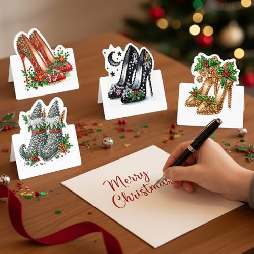 jinglinhh 6pcs Diamond Art Painting Christmas High Heels Greeting Cards with Envelopes, DIY Card Making Kits for Adults, Diamond Art Postcards Christmas Cards Craft Gifts - Image 6