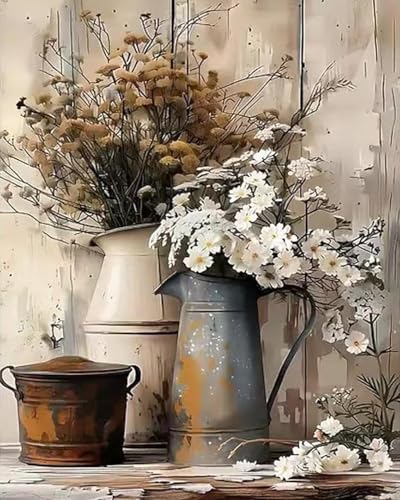MBNTJHT Flowers Paint by Numbers Kit for Adults Beginners,Floral in Tin Cans Paint by Number Kits for Adults,Unframed Watercolor Painting Art Crafts for Home Wall Decor 16X20 Inch. by MBNTJHT