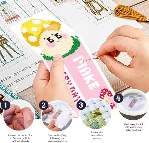 ORIGACH 6 Set Pink Mushroom Cross Stitch Bookmark Kit for Beginner - Image 4