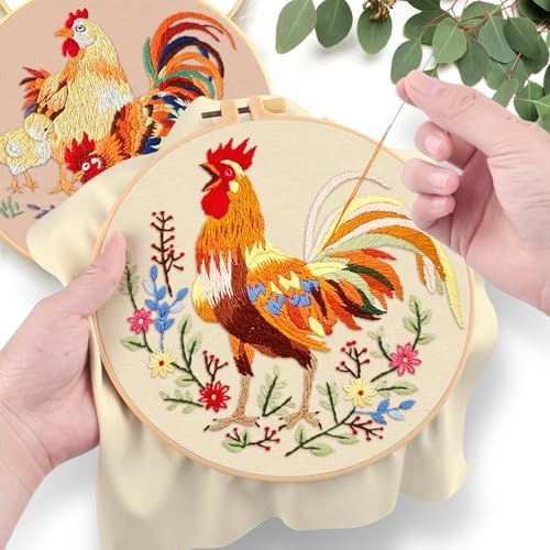 ERKOON 3 Sets Embroidery Kit, Floral Cross Stitch Set for Include Embroidery Cloth Hoops Threads for Craft Lover Hand Stitch (Rooster) - Image 5