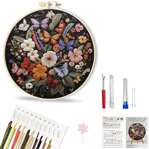 Huacan Embroidery Kit for Beginners Adults Includes Stamped Flowers Butterfly Pattern, Hoop, Color Threads,Tools,Easy to Follow Instruction by Home