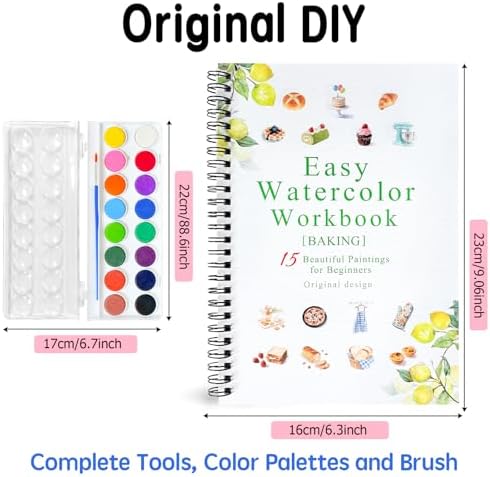 SLWBZ Watercolor Workbook Baking, 15 Different Patterns of Original DIY Designs, 16 Color Watercolor Paint Plates with Palette and Brush, Beginner-Friendly Watercolor Workbooks, Baking - Image 2