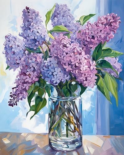Tucocoo Paint by Number Blue Lilac in a Glass Vase Flowers DIY Painting On Canvas with Brushes Acrylic Paints Graffiti Paint by Numbers for Adults Kids Students Beginner 16x20 Inch（Without Frame） by Tucocoo