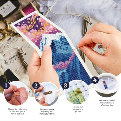 INFUNLY 6 Pack Night Scenery Cross Stitch Bookmark Kit, Dark Mountain Moon Sky Landscape, Stamped Pre-Printed Embroidery Set for Adults Beginners, DIY Craft Gift - Image 5