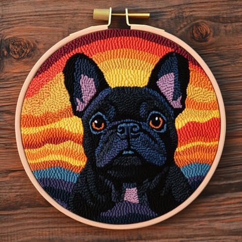 DIY Punch Needle Kits Black French Bulldog with Sunset with Hoop 20x20cm-5 by Unknown