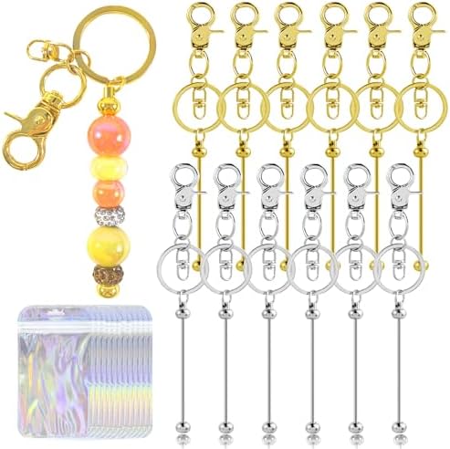 48 Pcs Beadable Keychains Bars bulk - 24 Gold & Silver DIY Metal Beaded Keychain Making Kit + 24 Bags Included, Bead Keychain Supplies,Blank Key Chain, Perfect for Women, Men, Birthday Gift by DNLEGULI