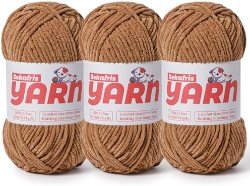 3 Pack Plush Chunky Chenille Yarn for Crocheting, Soft Fluffy Velvet Yarn for Crocheting, Fuzzy Baby Blanket Knitting Yarn, 300g/393yds Bulky Amigurumi Yarns（3 Light Coffee） by Sekafris