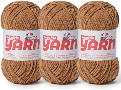 3 Pack Plush Chunky Chenille Yarn for Crocheting, Soft Fluffy Velvet Yarn for Crocheting, Fuzzy Baby Blanket Knitting Yarn, 300g/393yds Bulky Amigurumi Yarns（3 Light Coffee） by Sekafris