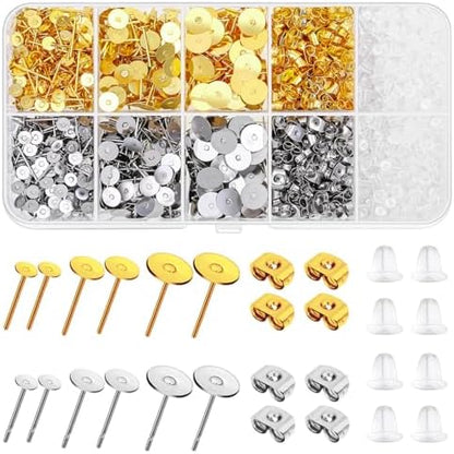 Hypoallergenic Earring Posts and Backs, Caffox 2000pcs Stud Earrings Making Kit with Ear Ring Base and Earring Backs for Leather Stud, Clay, Pearl Jewelry Making (Gold & Silver) by Caffox