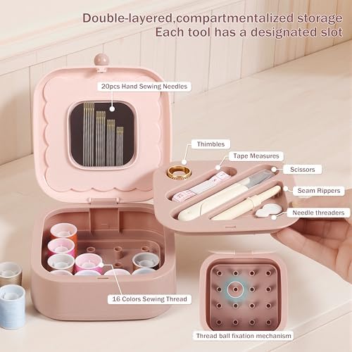 LOTOFUN Small Sewing Kit Box: Cute Portable 2-Layer Organizer Magnetic Needle and Thread Kits Holder Basic Case - Home Clothes Repair for Beginners (Pink) - Image 5