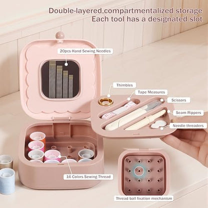 LOTOFUN Small Sewing Kit Box: Cute Portable 2-Layer Organizer Magnetic Needle and Thread Kits Holder Basic Case - Home Clothes Repair for Beginners (Pink) - Image 5