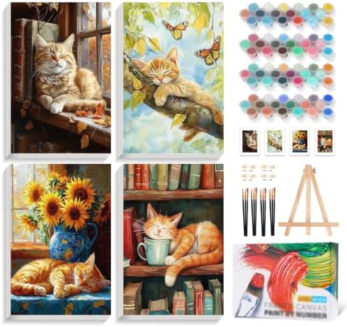 4 Pcs Framed Paint by Numbers Kit for Adults Sleeping Cat with Wooden Easel by Yezavesu