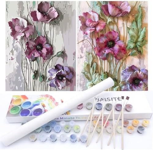 BAISITE Paint by Numbers Kit for Adults Beginners,12" Wx16 L 2 Pack Canvas for Painting Kits for Adults in Colorful Box-Poppies 6566 by PaintbyNumbersKitsforAdults