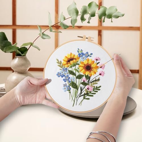 Ohcol 3 Sets Embroidery Kit for Beginners Cross Stitch Kits Needlepoint Kits Crafts for Adults with 3 Embroidery Hoops Easy-to-Follow Operating Instructions,Needle Point Kits with Flowers Patterns - Image 3