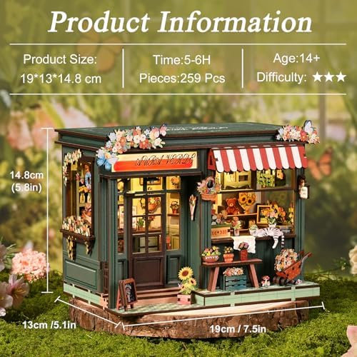DIY Miniature House Kit for Adults & Teens, Flower Shop Scene Mini House Decor with Touch Switch Light, 3D Wooden Puzzle Gift for Book Lovers & DIY Fans (Aura Verde) - Image 2