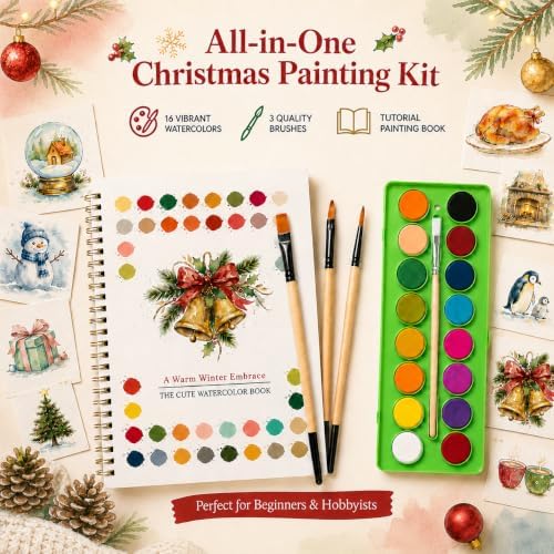 EIOLUIK Christmas Watercolor Workbook Set - 12 Paintings, 16 Paints, 3 Brushes - Image 2