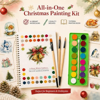 EIOLUIK Christmas Watercolor Workbook Set - 12 Paintings, 16 Paints, 3 Brushes - Image 2