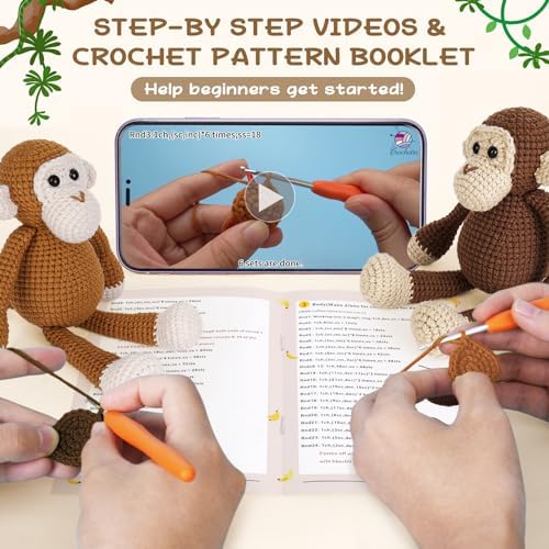 Crochetta Crochet Kit for Beginners, Crochet Kits with Step-by-Step Video Tutorials, Learn to Crochet Animal Kit for Adults Kids, DIY Craft Knitting Supplies, Monkey Amigurumi Gift(40%+ Yarn) - Image 3