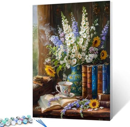 Book Theme Paint by Numbers Kits for Adult Still Life Pictures Paint by Numbers Kits on Colored Canvas,Book Oil Painting Art Set for Beginner Gift Home Decor DIY Framed 16x20 Inch by Aihonmin