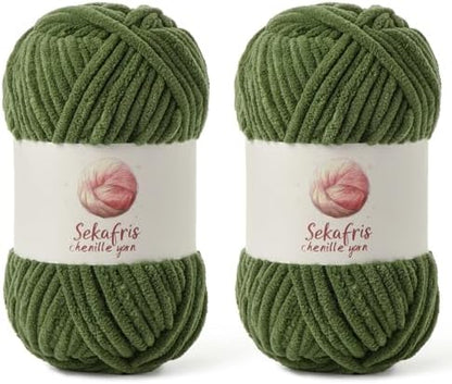 Chenille Yarn for Crocheting Size 5 Bulky Yarn 2 Pack Army Green by Sekafris
