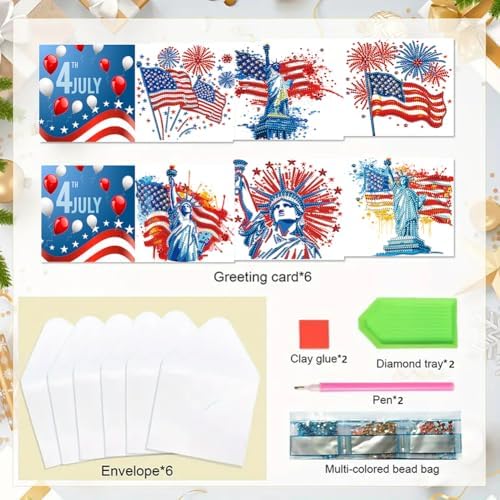 jinglinhh 6pcs Flag Statue of Liberty Fireworks Diamond Art Painting Greeting Cards with Envelopes, DIY Card Making Kits for Adults, Diamond Art Postcards Christmas Cards Craft Gifts - Image 3