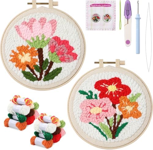 ojustbeok 2 Sets Punch Needle Embroidery Starter Kits Includes Punching Needling Fabric with Pattern, Yarns, Embroidery Hoops, Sewing Needles, Instruction for Adults Beginner DIY Handmade Crafts Gifts by ojustbeok