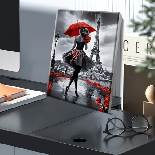 JOOZ Paint by Numbers Kit for Adults with Frame, Eiffel Tower Paint by Number with Easel, DIY Rose Woman Oil Painting by Numbers with Red Umbrella, Adult Paint by Number Kits for Wall Decor 8x12 Inch - Image 3