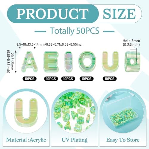 FASHEWELRY 50Pcs Big Crystal Vowel Letter Beads 20mm Colorful Acrylic Vowel Beads 3D Transparent AEIOU Alphabet Bead for DIY Keychains Bracelet Paracord Jewelry Making (Light Green) - Image 5